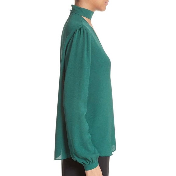ALC Liza Silk Top Womens 2 Pine Green Choker VDeep V-neck Long Sleeve Blouse - Picture 3 of 16